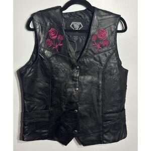 Leather Moto Vest Black Embroidered Pink Rose Biker Gang Pockets Women’s XL Goth